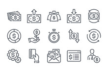 Money And Payment Related Line Icon Set. Funds And Savings Vector Icon Collection. Income And Profit Linear Icons.