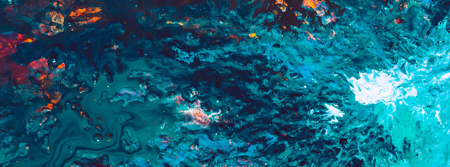 Wall Mural - Abstract acrylic oil gouache paint background. Blue teal color mix texture. Layer coat art technique. Celestial body surface.