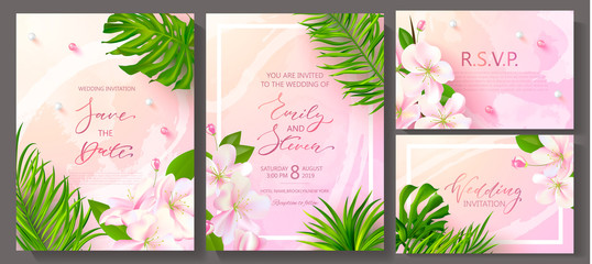 Wedding invitation cards with marble texture,beads, tropical flowers and plants.Vector illustration.