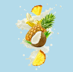 Fresh coconut milk with pineapple banana smoothie splash waves with ripe pineapple, coconut. Tropical fruit yogurt label design with yogurt, coconut milk, pineapple, banana smoothie. 3D