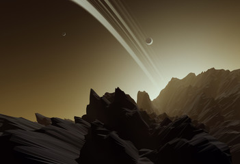 Wall Mural - view from planet with rings toward sky at sunset, ringed planet landscape, science fiction illustration (no NASA images used)