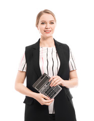 Sticker - Portrait of female accountant on white background