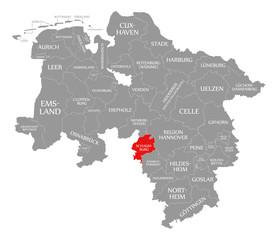Naklejka na meble Schaumburg county red highlighted in map of Lower Saxony Germany