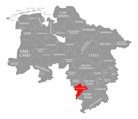Naklejka na meble Holzminden county red highlighted in map of Lower Saxony Germany