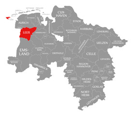 Naklejka na meble Leer county red highlighted in map of Lower Saxony Germany