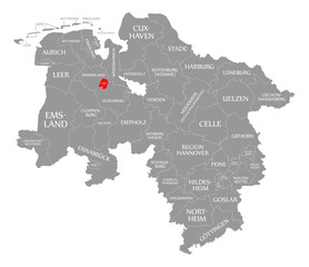 Naklejka na meble Oldenburg city county red highlighted in map of Lower Saxony Germany
