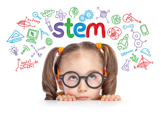 stem word and doodles above beautiful cute little girl. modern education concept