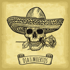 Hand drawn skull and sombrero on old craft paper texture background. Template for your design works. Engraved style vector illustration. Day of the dead lettering (Spanish language).