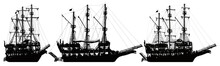 Pirate Ship Sailboat. Silhouette Vector Set