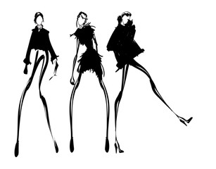 Fashion models sketch hand drawn , stylized silhouettes isolated.Vector fashion illustration set.