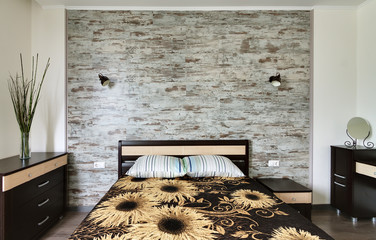 Wall Mural - Modern interior of ecological master bedroom in natural tones and textile art .