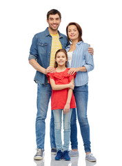 Canvas Print - family and people concept - happy smiling mother, father and little daughter over white background