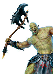 green orc holding a huge axe in a white background side view