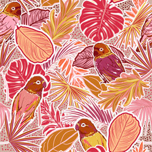 Retro Seamless Pattern Of Monotone Pink Tone Tropical Forest With Leaves , Parrots, Palm Leaves, Polka Dots, Birds And Floral