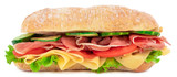 Fototapeta  - Ciabatta sandwich with lettuce, tomatoes prosciutto and cheese isolated on white background
