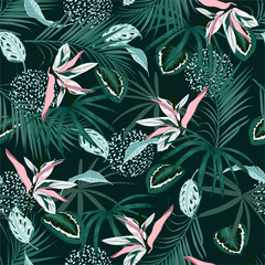 Wall Mural - Trendy Seamless pattern vector dark Tropical jungle and monotone  palm leaves, exotic palnts with animal skin  floral  design for fashion,fabric,web,wallpaper,and all prints