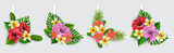 Fototapeta Tulipany - Corner design collection with exotic flowers and palm leaves, including hibiscus flower and plumeria. Vector illustration for summer and tropical design corner, holiday banner or for exotic destinatio