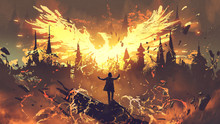 Wizard Summoning The Phoenix From Hell, Digital Art Style, Illustration Painting