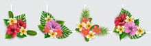 Corner Design Collection With Exotic Flowers And Palm Leaves, Including Hibiscus Flower And Plumeria. Vector Illustration For Summer And Tropical Design Corner, Holiday Banner Or For Exotic Destinatio