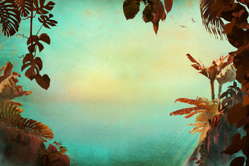 Wall Mural - Tropical leaves frame vintage style on old paper with free space for your text, can be used as background