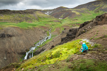 Girl Enjoys Nature In Beautiful Iceland Reykjadalur Valley Hot River