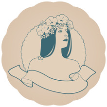 Circular Retro Label With Pretty Girl Decorated With Flowers And Empty Text Banner. Vintage Style