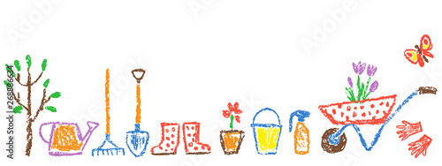 Garden Or Farm Border Background And Gardening Tools Set Like