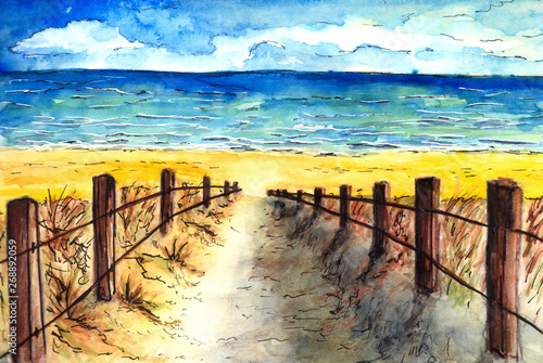 Obraz w ramie watercolor hand-painted beach and dune with copy space