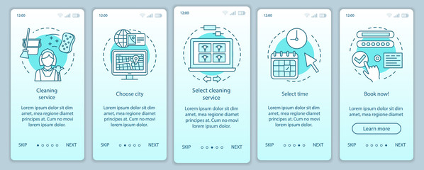 Cleaning service booking onboarding mobile app page screen, linear concepts
