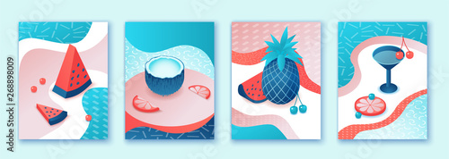 Summer poster set, pool party collection, isometric 3d illustration trendy pop style with cartoon people in swimsuit, drinking cocktail, relax, recreation spa concept, dj music, event background
