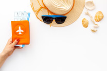Summer Travaling To The Sea With Straw Hat, Sun Glasses, Tickets And Passport On White Background Top View Mock Up