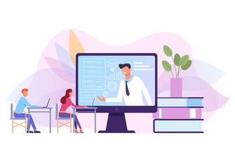 Wall Mural - Successful businessman character conduct online video course training. Vector flat graphic design isolated illustration