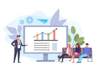 Wall Mural - successful businessman character conduct online course training. vector flat graphic design isolated