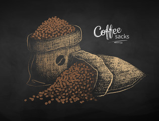 Chalk drawn sketch of two sacks with coffee beans