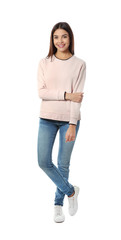 full length portrait of pretty woman on white background