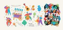 Festa Junina,Set Of Vector Illustrations For Poster, Abstract Banner, Background Or Card For The Brazilian Holiday, Festival, Party And Event, Drawings Of Dancing Cheerful People, Musicians And Shop