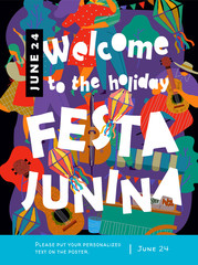 Sticker - Festa Junina, Vector illustrations for poster, abstract banner, background or card for the brazilian holiday, festival, party and event, drawings of dancing cheerful people, musicians and shops