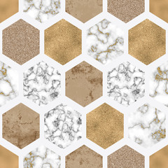 Wall Mural - Hexagon seamless pattern with digital marble paper, shiny gold foil, silver glitter texture