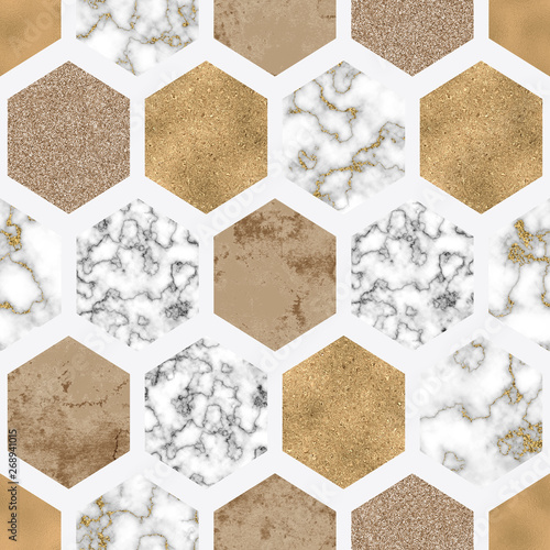 Obraz w ramie Hexagon seamless pattern with digital marble paper, shiny gold foil, silver glitter texture