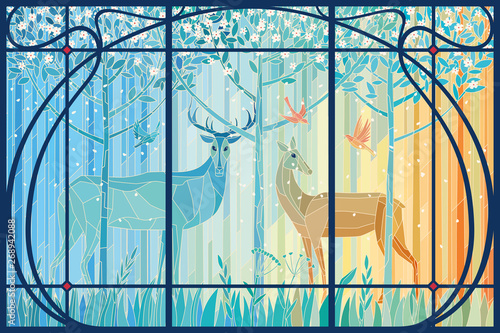 Dekoracja na wymiar  para-witrazowych-jeleni-w-wiosennym-lesie-w-secesyjnej-ramie-grafika-wektorowa