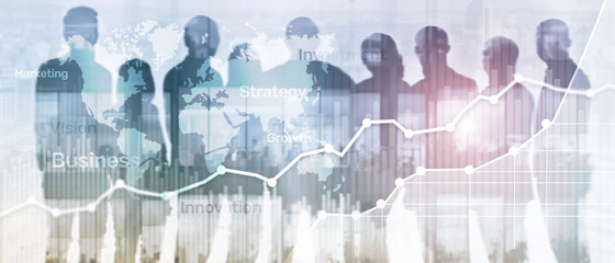 Wall Mural - Business abstract background double exposure graph, chart and diagram. World wide map and. Global business and financial trading concept.
