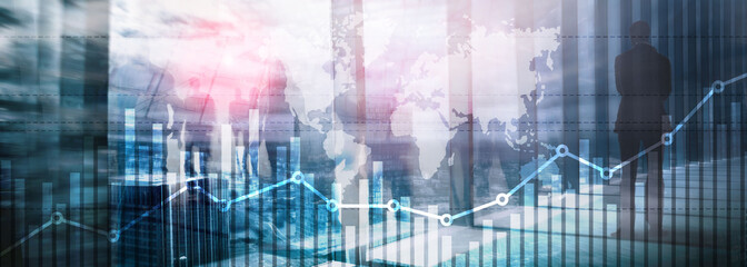 Sticker - Business finance growth graph chart analysing diagram trading and forex exchange concept double exposure mixed media background website header.