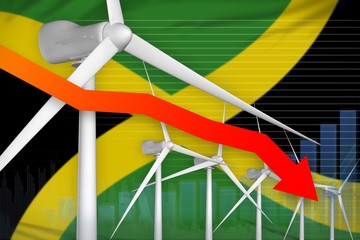 Jamaica wind energy power lowering chart, arrow down - green natural energy industrial illustration. 3D Illustration