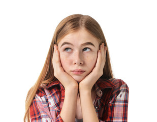 Wall Mural - Sad teenage girl on white background