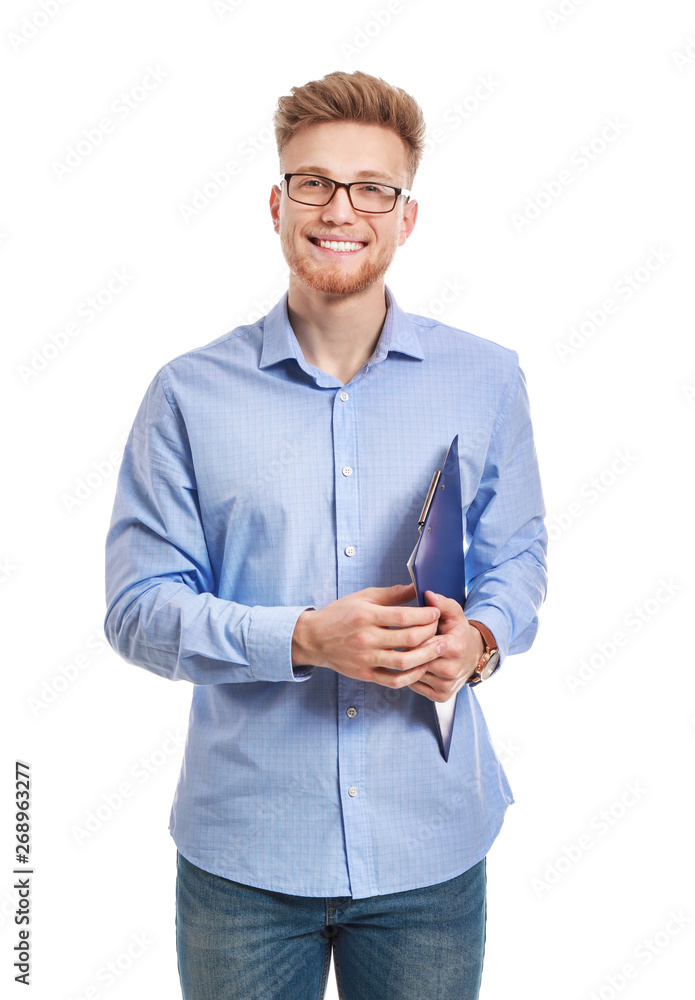 Portrait of young man on white background