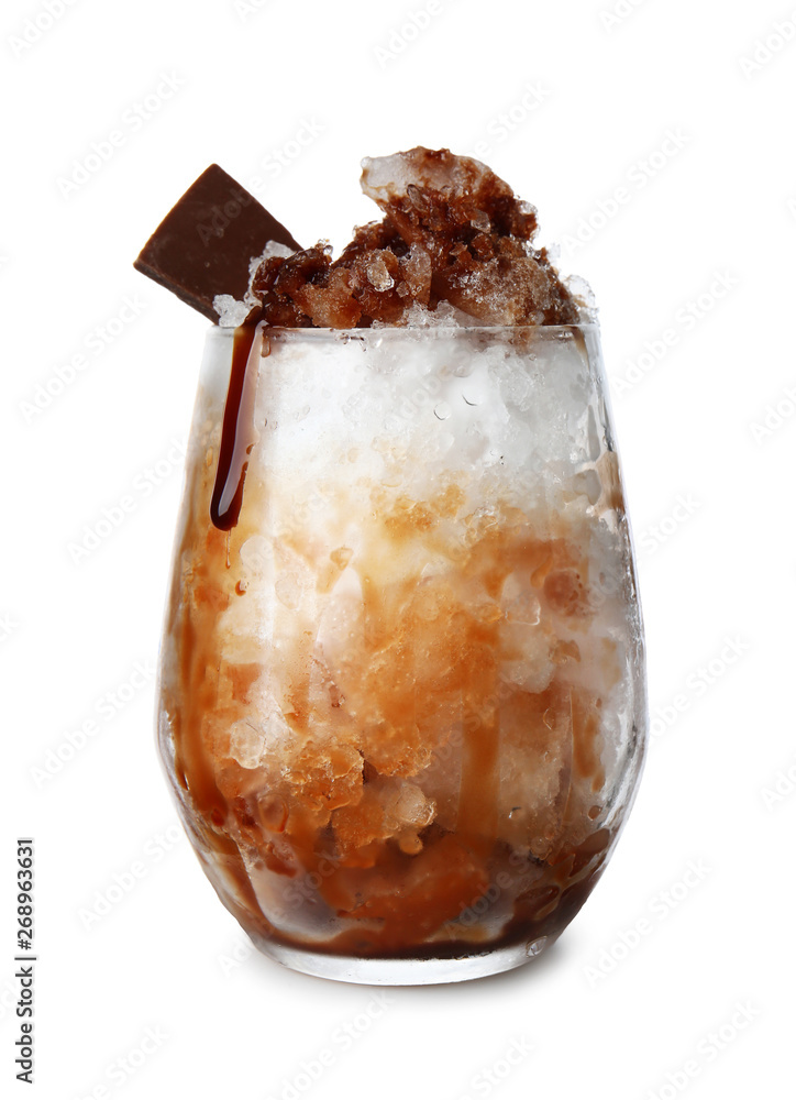 Glass with tasty shaved ice on white background