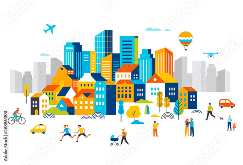 Fototapete Smart city, landscape city centre with many building, airplane is flying in the sky and people walking, running in park.