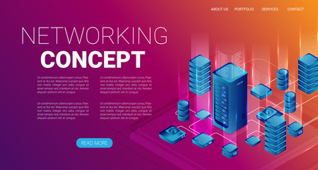 Wall Mural - Concept of big data processing, energy station of future, server room rack, data center isometric vector illustration