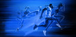 © master1305 - Young african-american and caucasian men and women running isolated on blue studio background. Silhouette of jogging athletes with shadows in neon light. Movement or motion. Creative collage.