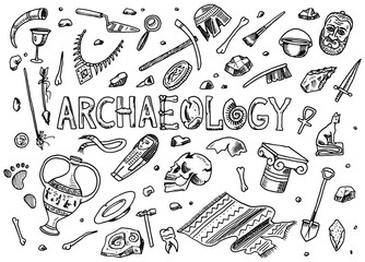 set of archeology tools, science equipment, artifacts. excavated fossils and ancient bones. hand dra